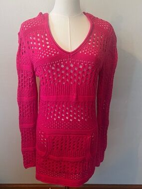 Venus Crochet Knit Sweater Beach Cover Up Womens Medium Boho Hippie Pockets Pink